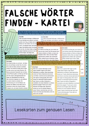 Falschen Falsche Wörter finden - Lesekartei – Unterrichtsmaterial im Fach Deutsch