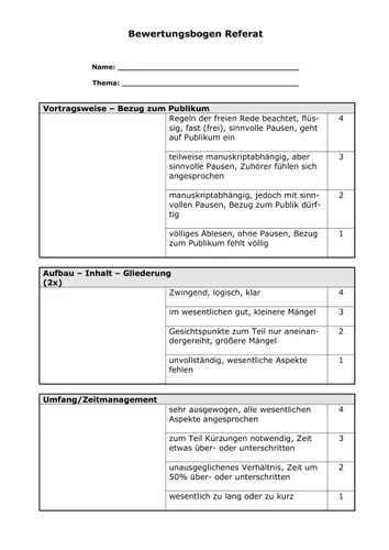 Bewertungsbogen für Referate, Präsentationen, Vorträge ...