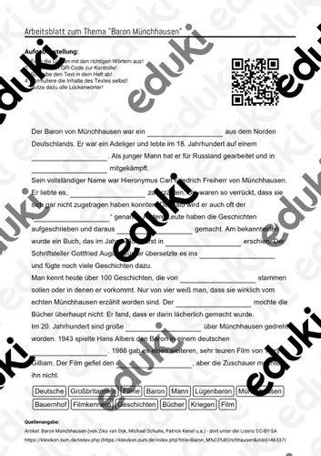 arbeitsblaetter zum thema baron muenchhausen loesung mp3 Baron Münchhausen Unterrichtsmaterial
Arbeitsblätter zum Thema "Baron Münchhausen" Lösung & MP3