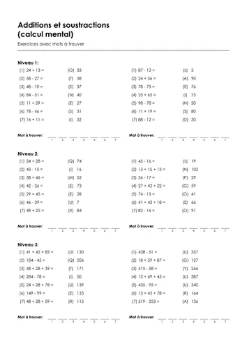 Additions et soustractions (calcul mental) - Exercices avec mots à ...