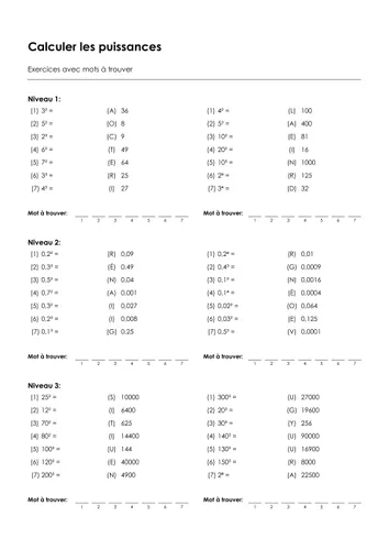 Calculer les puissances - Exercices avec mots à trouver #11#S ...
