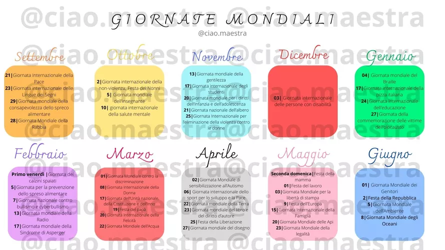 Calendario Giornate mondiali, Internazionali e Feste Materiale