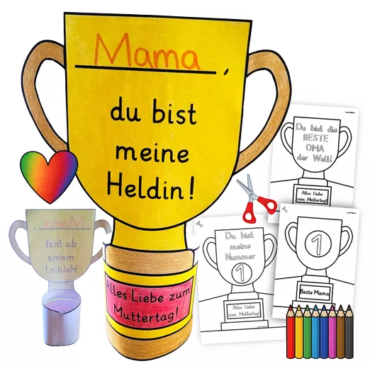 Bild in der Beschreibung des Unterrichtsmaterials Muttertag Geschenk Bastelvorlage - Pokal zum Aufstellen von Helles Köpfchen #1