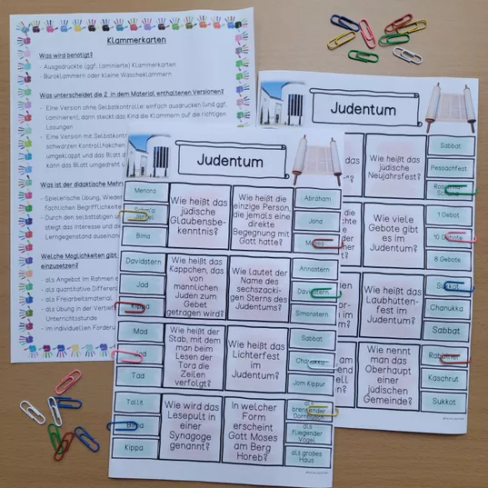 Bild in der Beschreibung des Unterrichtsmaterials Judentum Weltreligion Religion Ethik KLAMMERKARTEN von Helles Köpfchen #1