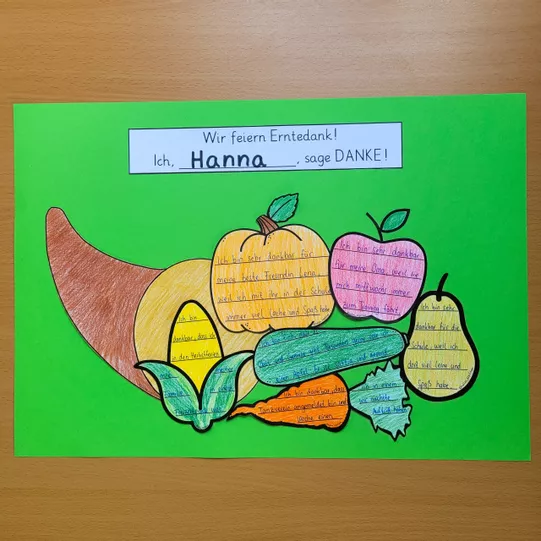 Bild in der Beschreibung des Unterrichtsmaterials Erntedank Grundschule: Danke Füllhorn mit Schreibanlass basteln von Helles Köpfchen #1