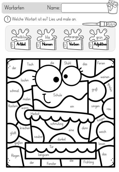 Bild in der Beschreibung des Unterrichtsmaterials Wortarten - Lesen & Malen - Artikel, Nomen, Verben, Adjektive von Odd Bird & Company #2