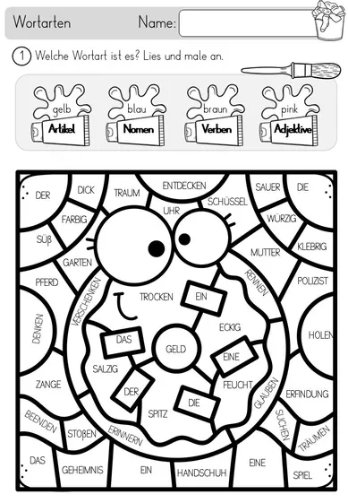 Bild in der Beschreibung des Unterrichtsmaterials Wortarten - Lesen & Malen - Artikel, Nomen, Verben, Adjektive von Odd Bird & Company #1