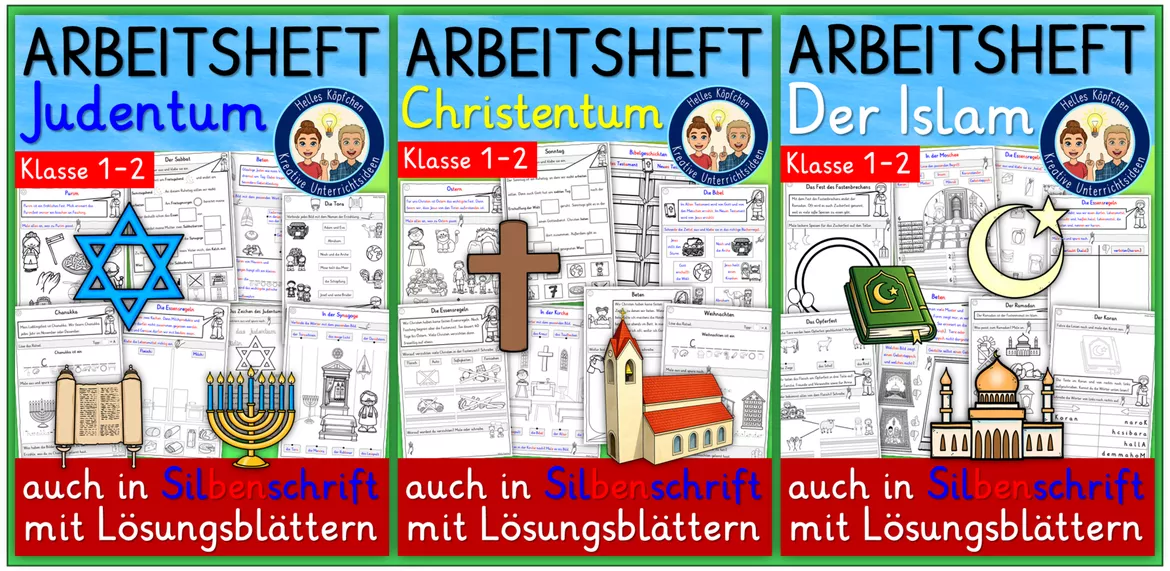 Bild in der Beschreibung des Unterrichtsmaterials Weltreligionen Judentum Christentum Islam EINFÜHRUNGSSTUNDE Klasse 1 und 2 Ethik Religion FREEBIE von Helles Köpfchen #1