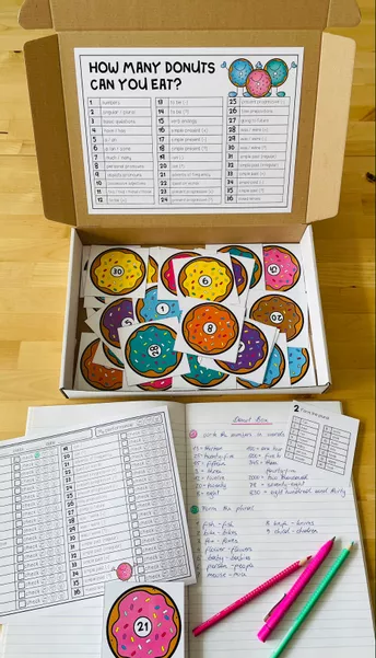 Bild in der Beschreibung des Unterrichtsmaterials ENGLISCH - DONUT BOX (8. Schulstufe) 36 Grammar Aufgabenkarten zum Jahresstoff von Unterrichtmitspass #1