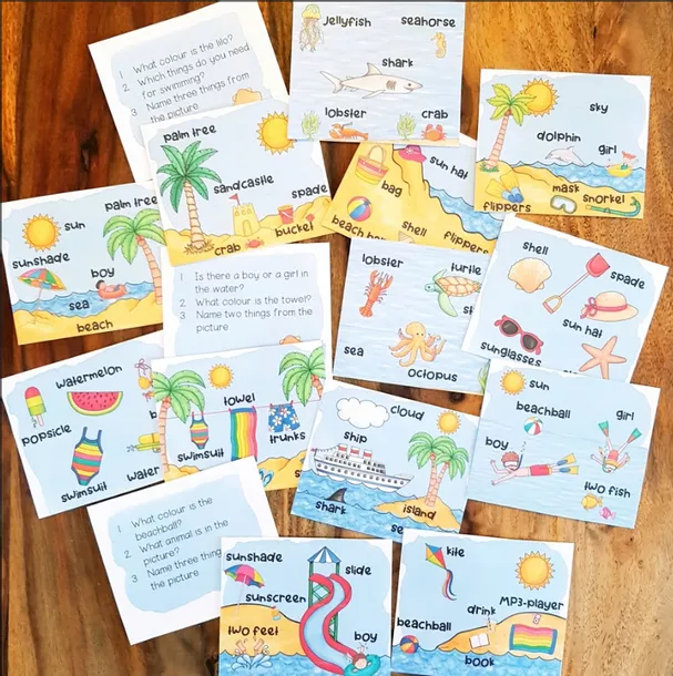 Bild in der Beschreibung des Unterrichtsmaterials SUMMER - How many things can you remember? (16 Mini-Wimmelbildchen mit Fragen auf der Rückseite) von Unterrichtmitspass #1