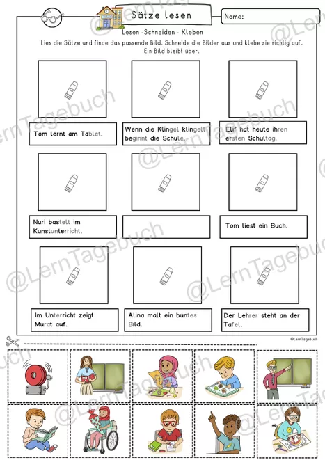 Bild in der Beschreibung des Unterrichtsmaterials Lesen und kleben Klasse 1, DaZ, Leseübung Wortschatz Schule, Schulmaterial, Lernwörter zum Lesenlernen von LernTagebuch #1