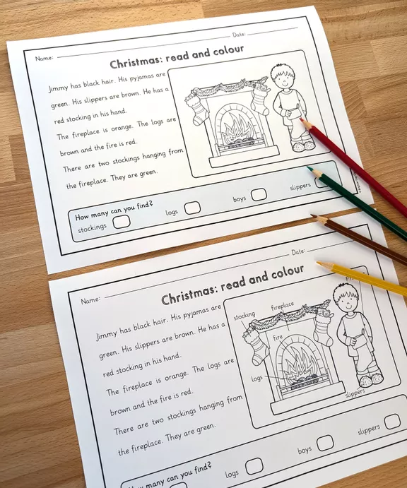 Bild in der Beschreibung des Unterrichtsmaterials Christmas read and colour - 7 Bilder, 2-fach differenziert (Englisch) von Brighter Day Classroom #1