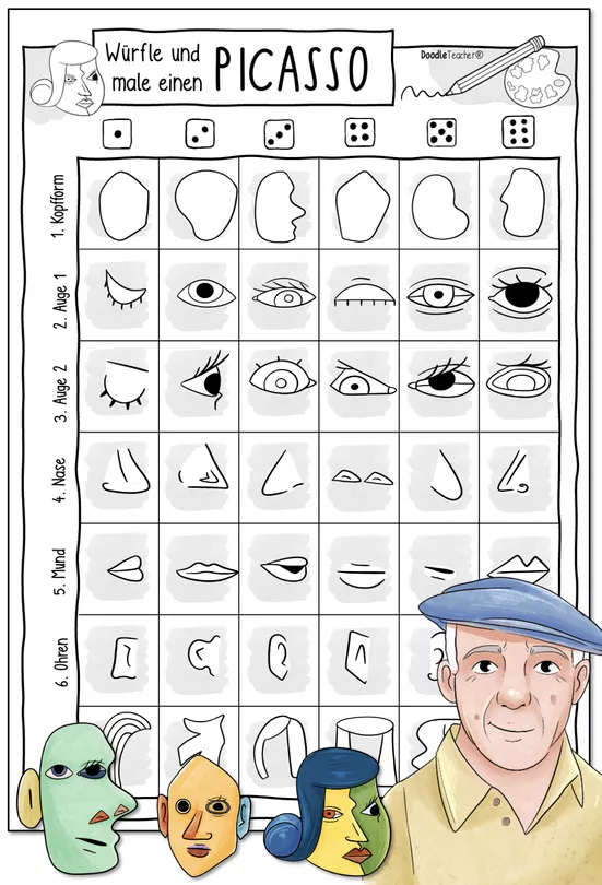 Bild in der Beschreibung des Unterrichtsmaterials Kunstprojekt: Picasso-Gesichter spielerisch gestalten – Kreatives Würfelspiel von Doodleteacher #4