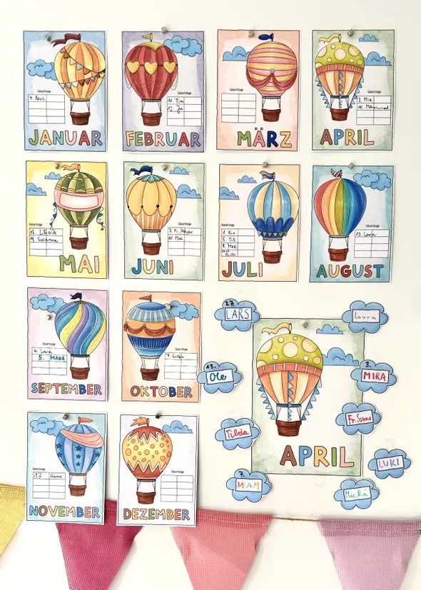 Bild in der Beschreibung des Unterrichtsmaterials Geburtstagskalender - Heißluftballons Poster (3 Versionen) von Doodleteacher #1