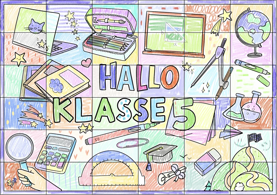 Bild in der Beschreibung des Unterrichtsmaterials Gemeinschaftsbild „HALLO Klasse 5“ Schuljahresanfang / XXL Poster von Doodleteacher #2