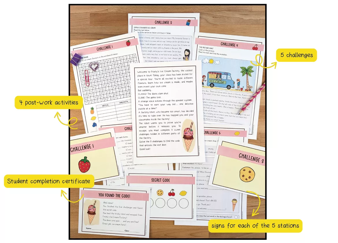 Bild in der Beschreibung des Unterrichtsmaterials The Ice Cream Factory Trap: Summer Escape Room (Englisch; Klasse 4,5) von Brighter Day Classroom #1