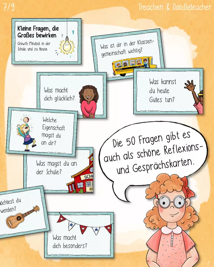 Bild in der Beschreibung des Unterrichtsmaterials 50 Check-in und Check-Out Fragen / Growth Mindset / Abschlusskreis Wachstumsdenken von Doodleteacher #1