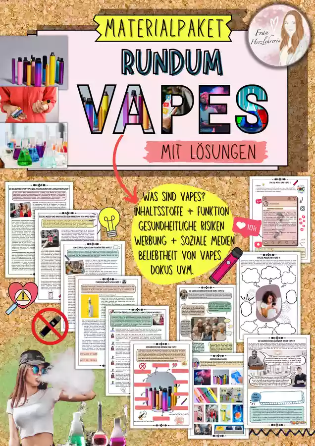 Altersfreigabe Vapes Materialpaket rundum Vapes / Vapen / E-Zigaretten / Rauchen / Sucht / Beliebtheit bei Jugendlichen / gesundheitliche Risiken / soziale Medien mit Lsung (Klasse 7 8 9 10) Unterrichtsmaterial in den Altersfreigabe Vapes Materialpaket rundum Vapes / Vapen / E-Zigaretten / Rauchen / Sucht / Beliebtheit bei Jugendlichen / gesundheitliche Risiken / soziale Medien mit Lsung (Klasse 7 8 9 10) Unterrichtsmaterial in den