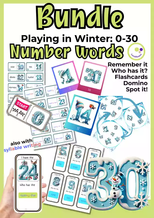 Paquete de materiales Inglés: English Number Words 0-30 in Winter