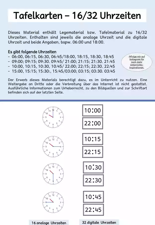 Tafelmaterial 16 digitale und analoge Uhrzeiten