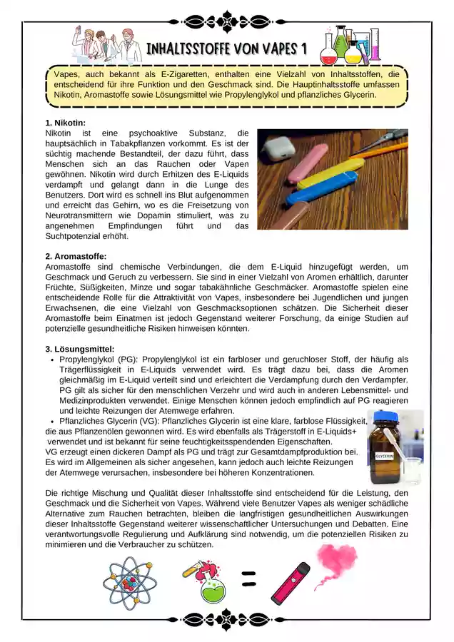 Vapes - Vapen - Inhaltsstoffe und Funktion von Vapes ; Chemikalien mit Lsung (Klasse 7 8 9 10) Unterrichtsmaterial in den Fchern Biologie & Chemie & Ethik & Werte und Normen & Fachbergreifendes Vapes - Vapen - Inhaltsstoffe und Funktion von Vapes ; Chemikalien mit Lsung (Klasse 7 8 9 10) Unterrichtsmaterial in den Fchern Biologie & Chemie & Ethik & Werte und Normen & Fachbergreifendes