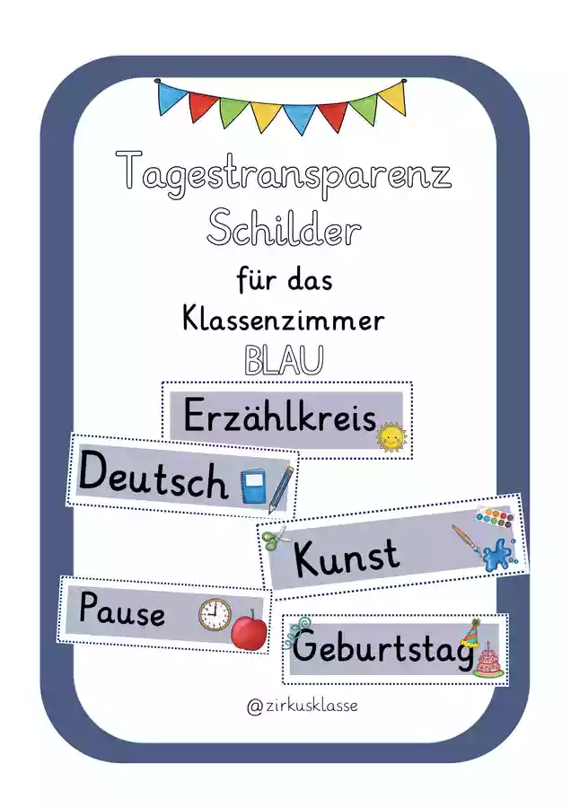 Tagestransparenz Schilder für das Klassenzimmer: blau & Paket 1 Poster - Tagestransparenz Schilder für das Klassenzimmer: blau & Paket 1 - zirkusklasse - Deckblatt