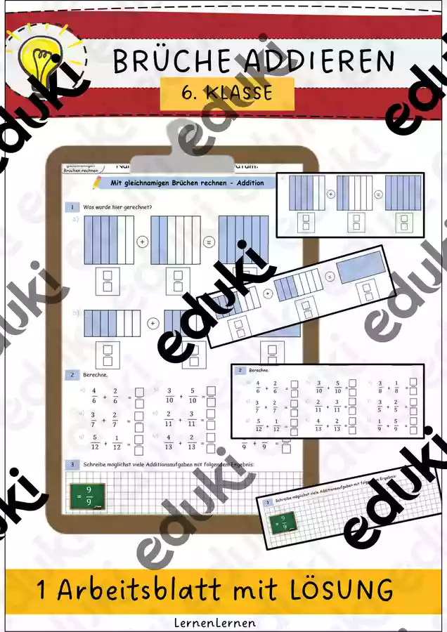 Brüche addieren (Addition von gleichnamigen Brüchen) - Arbeitsblatt mit ...