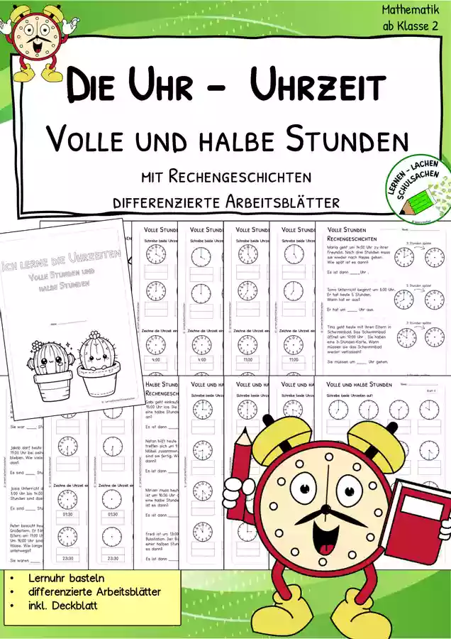 Die Uhr Uhrzeiten – Volle und halbe Stunden Sachrechnungen
