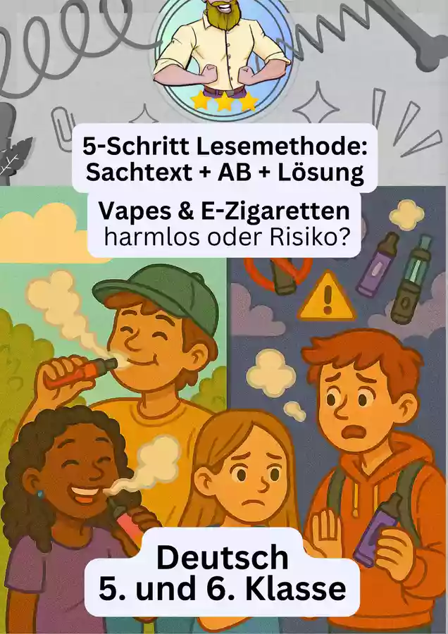 Vapes & E-Zigaretten harmlos oder Risiko? 5-Schritt-Lesemethode Deutsch 5./6. Klasse Arbeitsblatt + Lsung | Lesestrategien, Lesekompetenz frdern, Sachtexte lesen ben, Textverstndnis Deutsch Unterrichtsmaterial im Fach Deutsch Vapes & E-Zigaretten harmlos oder Risiko? 5-Schritt-Lesemethode Deutsch 5./6. Klasse Arbeitsblatt + Lsung | Lesestrategien, Lesekompetenz frdern, Sachtexte lesen ben, Textverstndnis Deutsch Unterrichtsmaterial im Fach Deutsch