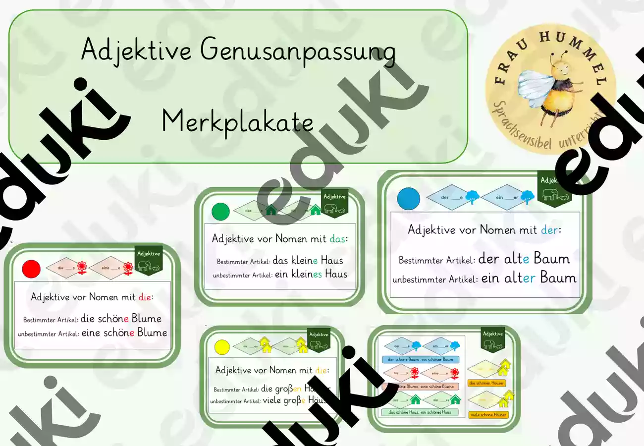 Adjektiv Genus-Endungen Merkplakate Poster - Adjektiv Genus-Endungen Merkplakate - Frau Hummel - Deckblatt