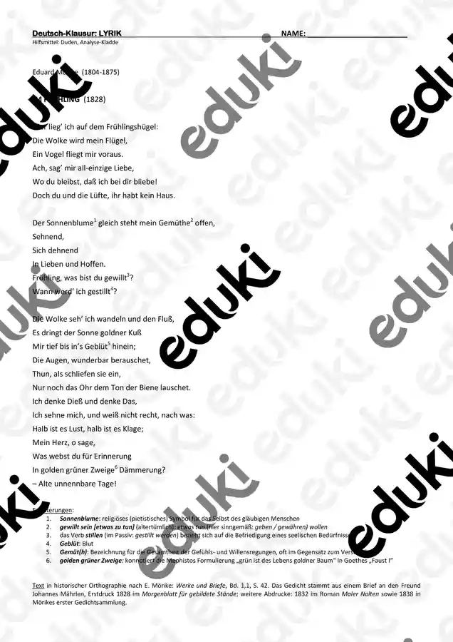 Lyrik-Klausur: Eduard Mrikes "Im Frhling" mit Flietext-Lsung Unterrichtsmaterial im Fach Deutsch Lyrik-Klausur: Eduard Mrikes "Im Frhling" mit Flietext-Lsung Unterrichtsmaterial im Fach Deutsch