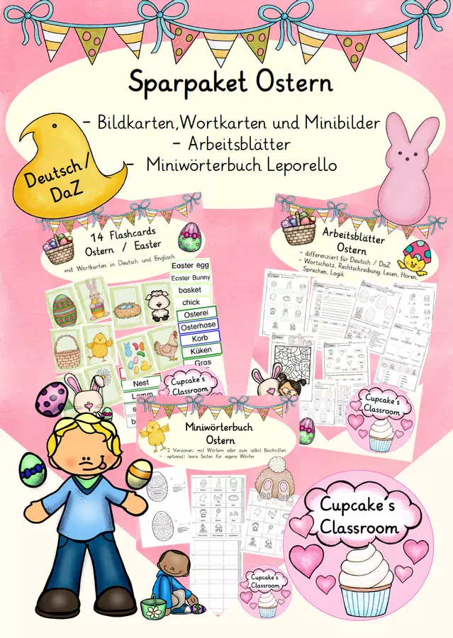 Deutsch/DaZ - Ostern - Sparpaket Bildkarten, Arbeitsblätter, Miniwörterbuch, Sprachförderung (Raccolta di materiali sulla Pasqua) Esercizi - Deutsch/DaZ - Ostern - Sparpaket Bildkarten, Arbeitsblätter, Miniwörterbuch, Sprachförderung (Raccolta di materiali sulla Pasqua) - Cupcake's Classroom - Pagina di copertina
