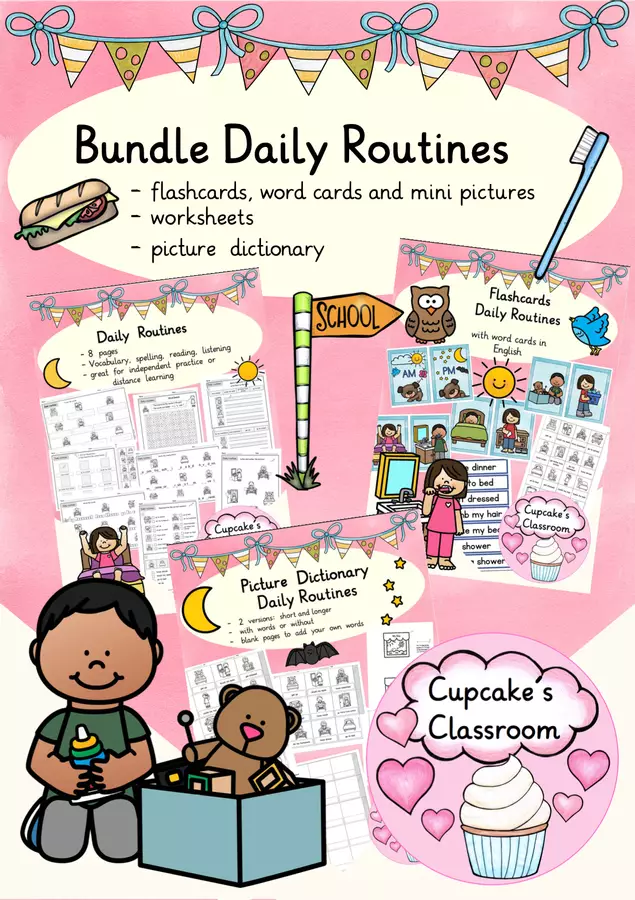 English - Daily routines (My day) (Bundle: worksheets, flashcards and mini dictionary) Esercizi - English - Daily routines (My day) (Bundle: worksheets, flashcards and mini dictionary) - Cupcake's Classroom - Pagina di copertina