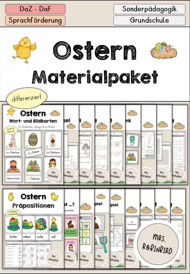 Ostern - Materialpaket differenziert - DaZ/DaF/Sprachförderung (Raccolta di materiali sulla Pasqua) Esercizi - Ostern - Materialpaket differenziert - DaZ/DaF/Sprachförderung (Raccolta di materiali sulla Pasqua) - Mrs.Robinbird - Pagina di copertina