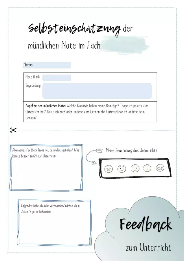 Selbsteinschtzung mndliche Note und Feedback zum Unterricht Unterrichtsmaterial im Fach Fachbergreifendes Selbsteinschtzung mndliche Note und Feedback zum Unterricht Unterrichtsmaterial im Fach Fachbergreifendes