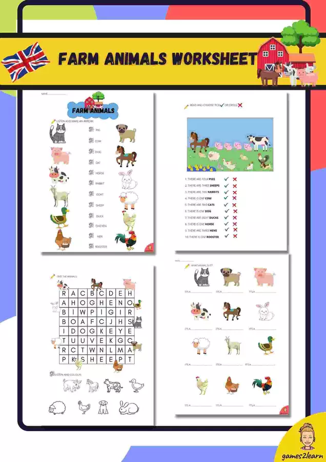 FARM ANIMALS WORKSHEETS Esercizi - FARM ANIMALS WORKSHEETS - games2learn - Pagina di copertina