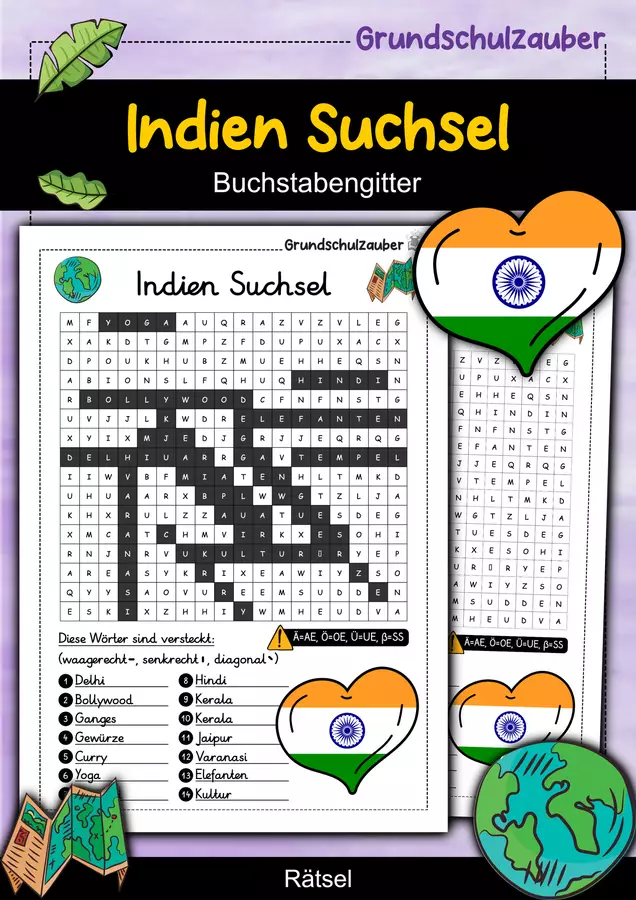 Indien Suchsel - Buchstabengitter Arbeitsblätter - Indien Suchsel - Buchstabengitter - Grundschulzauber - Deckblatt