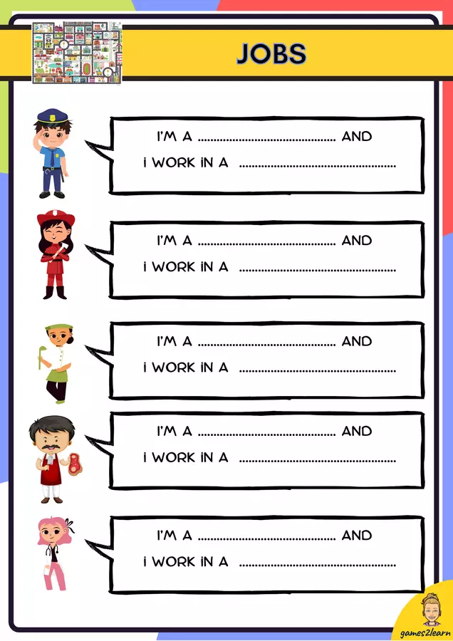 Lavori e fogli di lavoro sui luoghi di lavoro in inglese Esercizi - Lavori e fogli di lavoro sui luoghi di lavoro in inglese - games2learn - Pagina di copertina