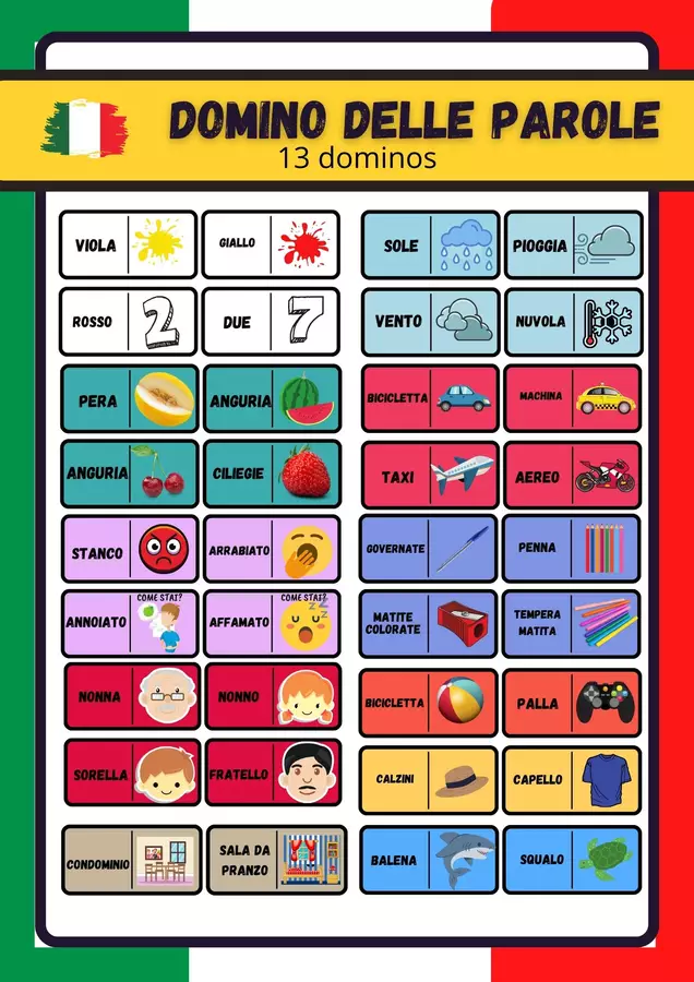 Raccolta di Materiali: 13 domini di vocabolario in Italiano Materiale di supporto/inclusione - Raccolta di Materiali: 13 domini di vocabolario in Italiano - games2learn - Pagina di copertina