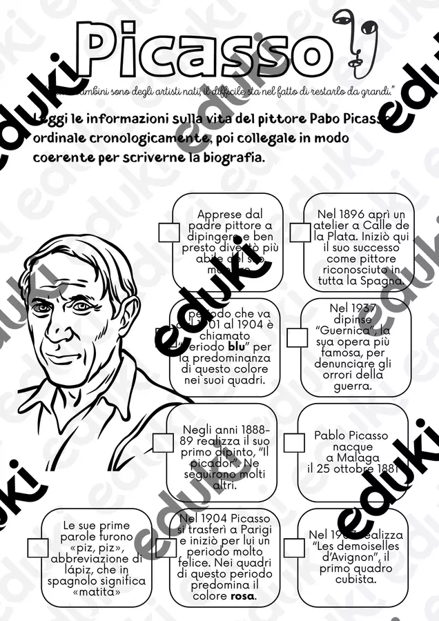 Picasso - scheda operativa per testo biografico Esercizi - Picasso - scheda operativa per testo biografico - MaestraJoy - Pagina di copertina