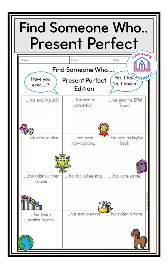 Present Perfect (Have you ever..?) - Find Someone Who.... Activity Esercizi - Present Perfect (Have you ever..?) - Find Someone Who.... Activity - Camilla's Classroom - Pagina di copertina