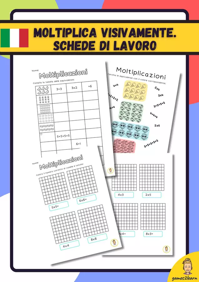 Moltiplica visivamente. Schede di lavoro Esercizi - Moltiplica visivamente. Schede di lavoro - games2learn - Pagina di copertina
