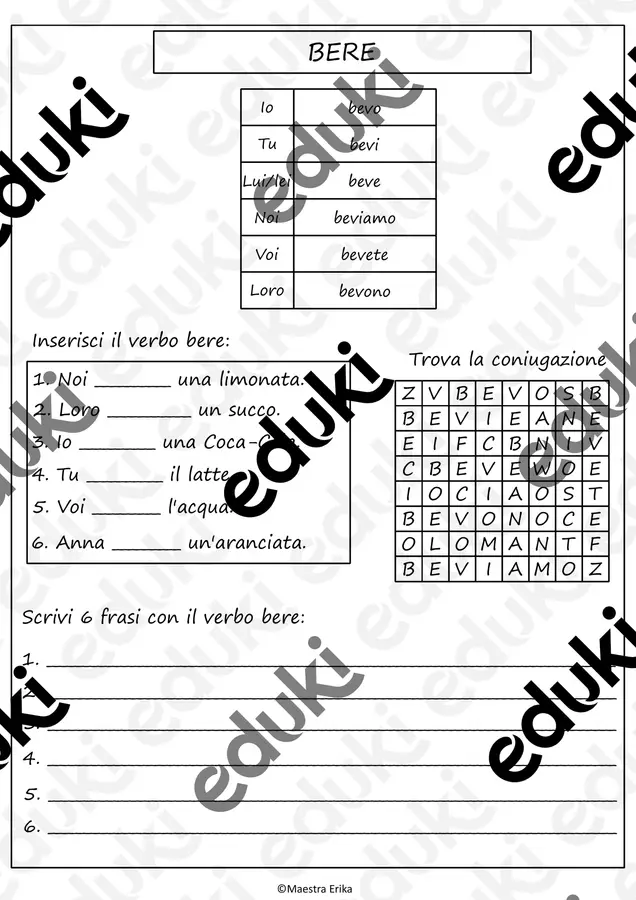 il verbo "bere", coniugazione e attività Esercizi - il verbo "bere", coniugazione e attività - Maestra Erika - Pagina di copertina