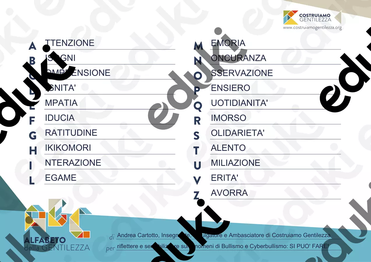 L'Alfabeto della Gentilezza contro Bullismo e Cyberbullismo Flashcard - L'Alfabeto della Gentilezza contro Bullismo e Cyberbullismo - Andrea Cartotto - Pagina di copertina