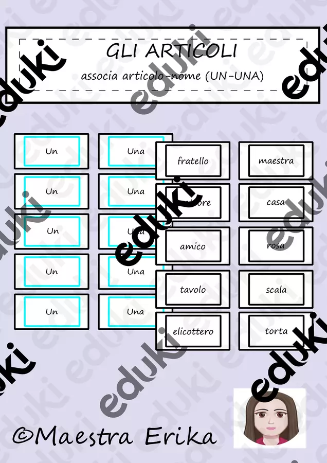 Attività di abbinamento articolo-nome (UN-UNA) Altro tipo di materiale - Attività di abbinamento articolo-nome (UN-UNA) - Maestra Erika - Pagina di copertina