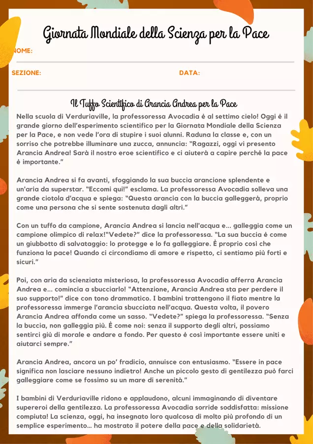 Uda la scienza per la pace esperimento delle arance galleggianti Esercizi - Uda la scienza per la pace esperimento delle arance galleggianti - Maestra_Robyro__ - Pagina di copertina