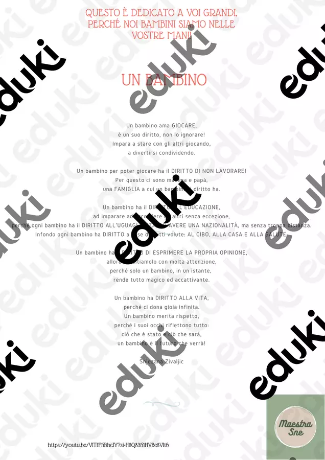 Poesia "Un bambino "- diritti dei bambini Testo - Poesia "Un bambino "- diritti dei bambini - Maestra Sne - Pagina di copertina