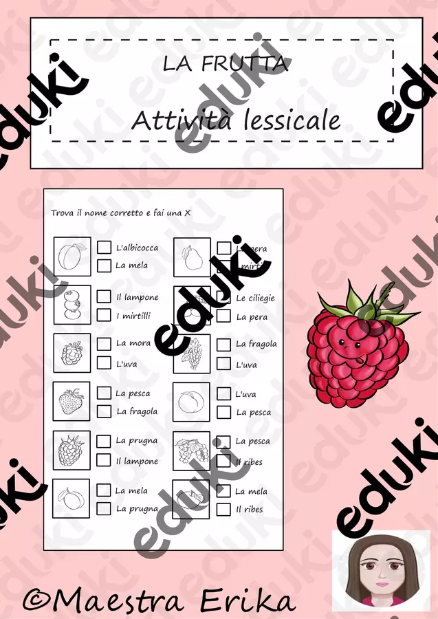 "La frutta" attività lessicale Esercizi - "La frutta" attività lessicale - Maestra Erika - Pagina di copertina