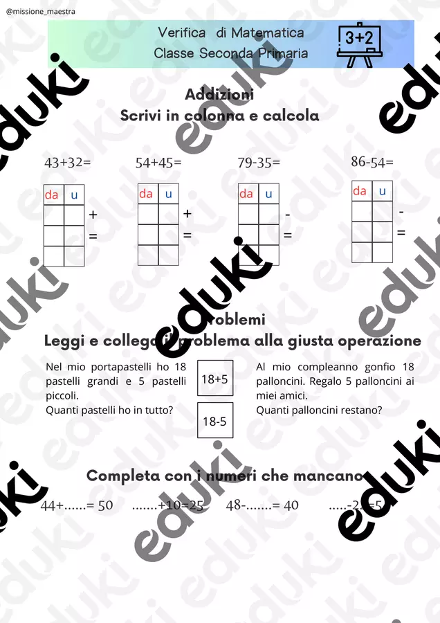 VERIFICA MATEMATICA CLASSE II Primaria Esercizi - VERIFICA MATEMATICA CLASSE II Primaria - missione_maestra - Pagina di copertina