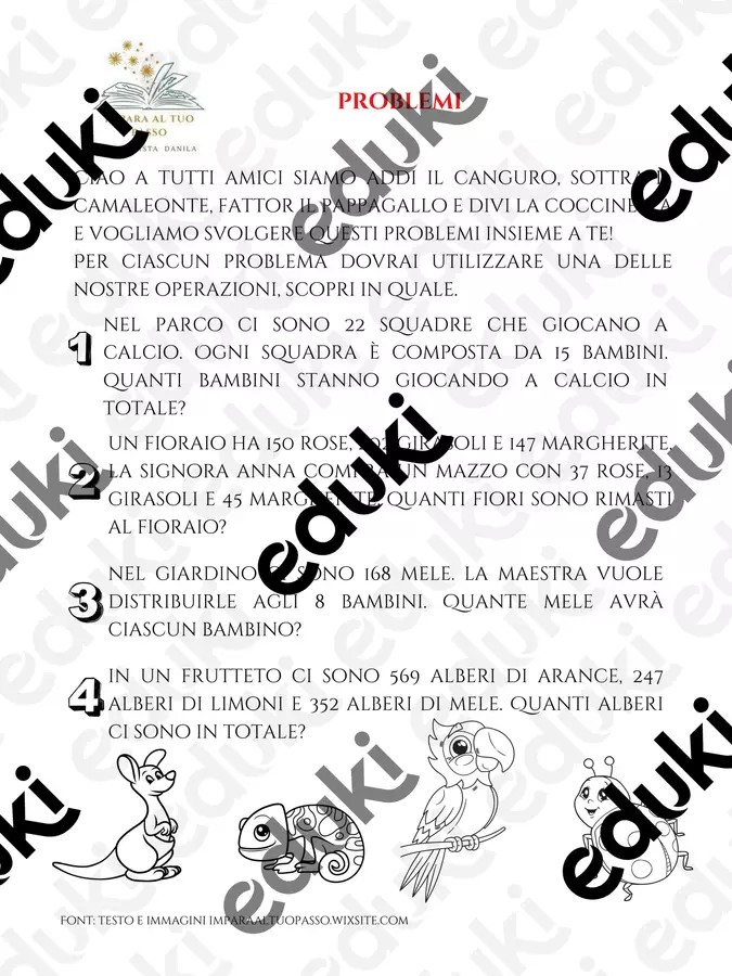 Problemi con Addi, Sottra, Fattor e Divi Esercizi - Problemi con Addi, Sottra, Fattor e Divi - Impara al tuo passo - Pagina di copertina